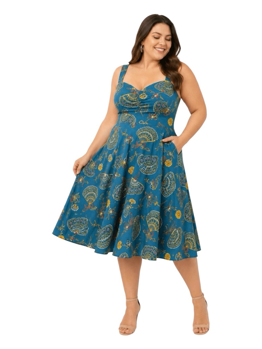BNWT Rare Pinup Couture Laura Byrnes Teal Spanish Fans Fit and Flare XL